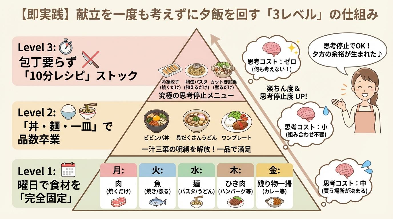 【即実践】献立を一度も考えずに夕飯を回す「3レベル」の仕組み