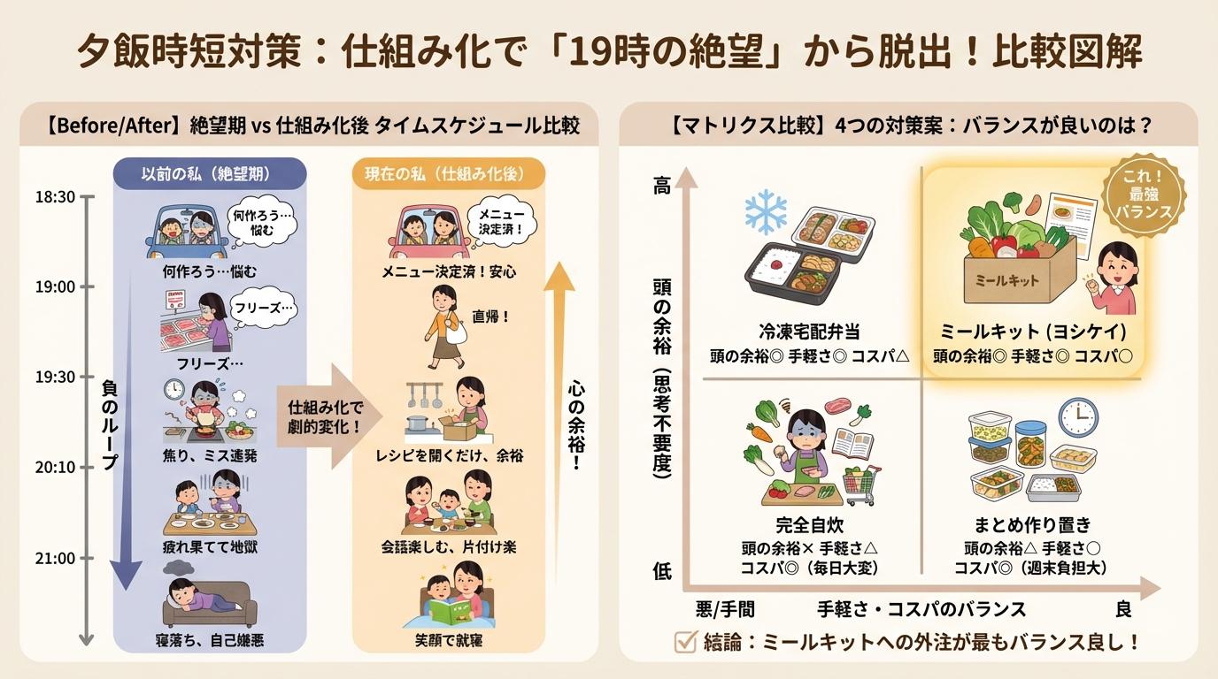 19時帰宅の絶望：Before/Afterタイムスケジュールと対策比較