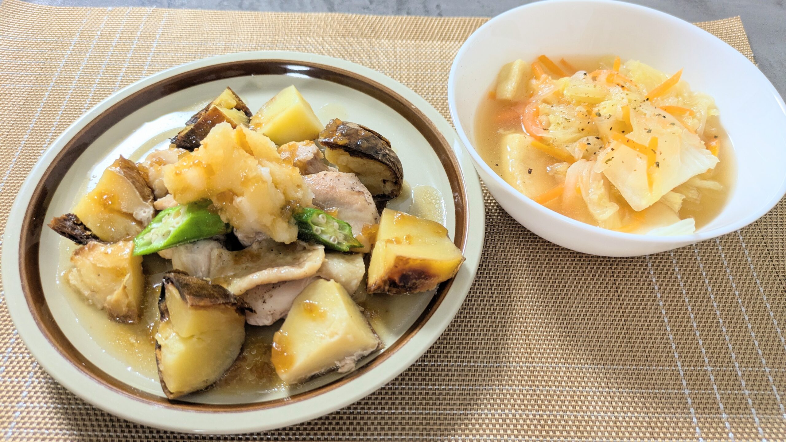 マンジャロダイエット ヨシケイ 鶏肉のさっぱりおろし〜黒酢オニオンドレッシング〜 お揚げと白菜のあっさり煮 完成